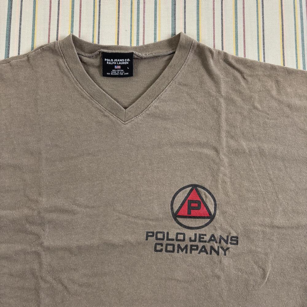 Vintage Polo Jeans Co Ralph Lauren Shirt Mens Large Brown V-Neck Logo USA Tee EC
